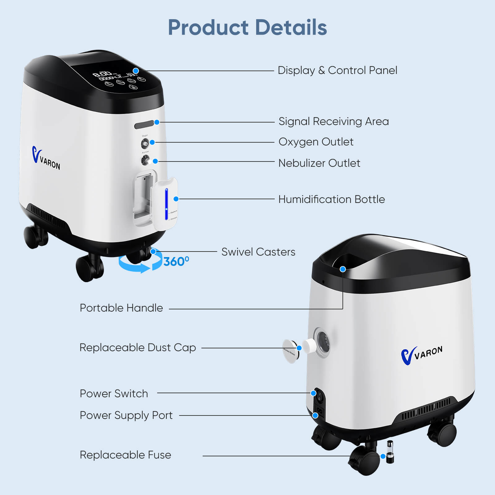 VARON 1-9L/min 105W Pro Wheel Home Oxygen Concentrator with Convenient Wheel Design