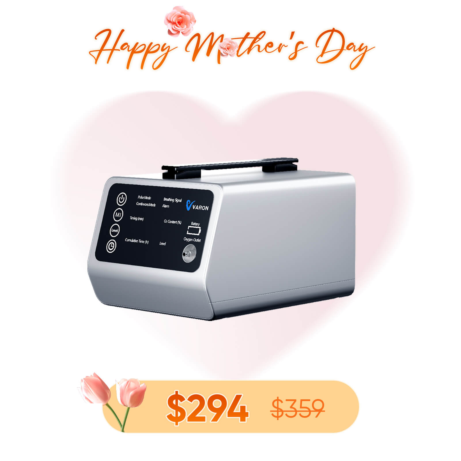 VARON 1-5L Versatile Continuous Flow Portable Oxygen Concentrator for Travel + Free Adapter